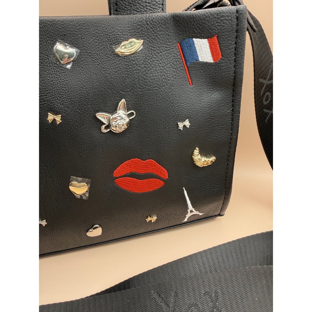 Betsey Johnson Xonora Black Embossed Charm Tote Bag Paris Eiffel Tower New - Picture 3 of 9